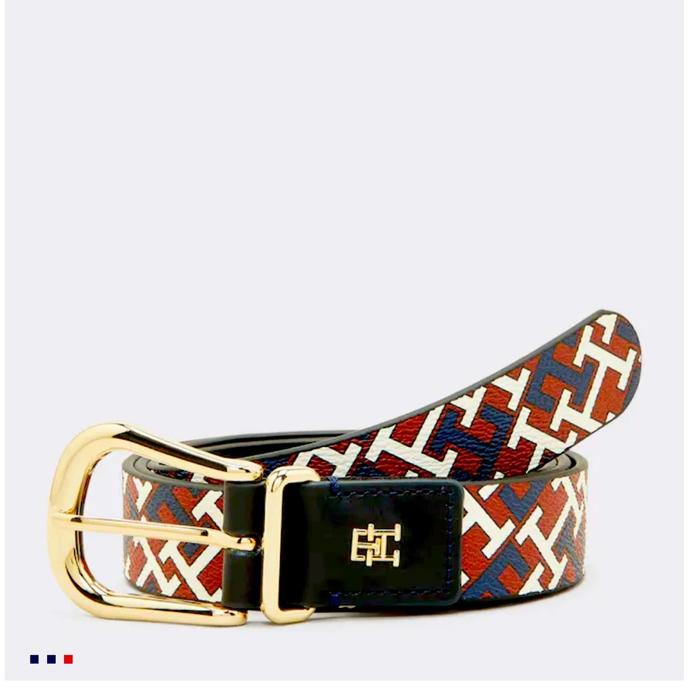 Tommy Hilfiger Red, White & Blue Signature Pattern Leather Belt with Gold Buckle